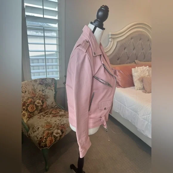 Understated Leather Pink Zipper Belted Collared Biker Jacket Women’s XS - Picture 5 of 13